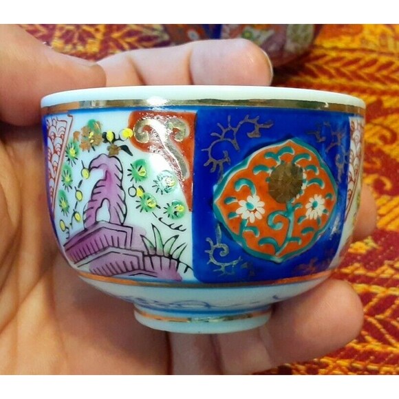 Vintage Japanese Asian Imari Blue White Purple Green Gold Teapot Teacups Set - Picture 4 of 10